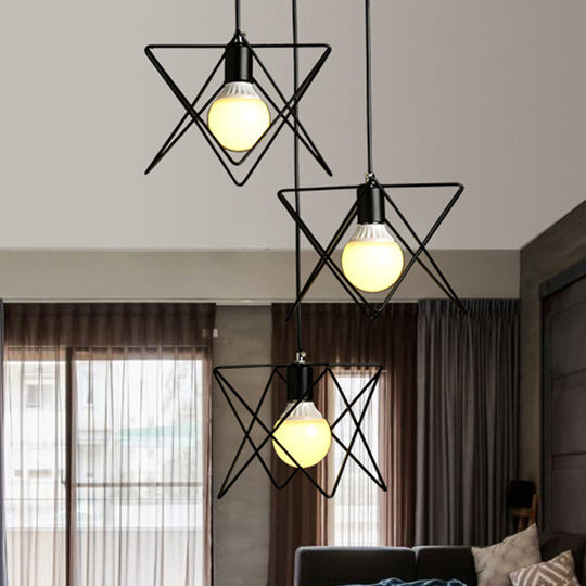 Geometric Pendant Light - Modern Industrial Style Iron Fixture With 3 Heads Black Wire Frame