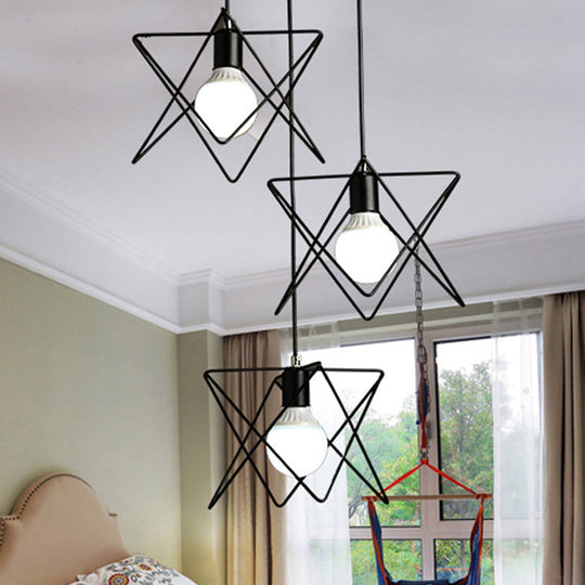 Geometric Pendant Light - Modern Industrial Style Iron Fixture With 3 Heads Black Wire Frame