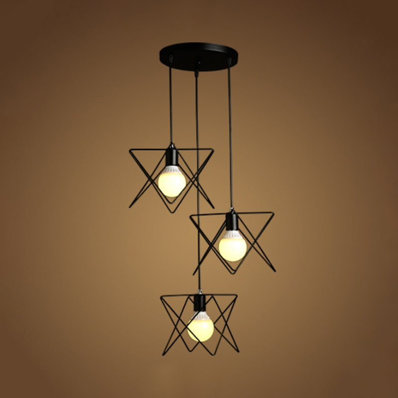 Geometric Pendant Light - Modern Industrial Style Iron Fixture With 3 Heads Black Wire Frame