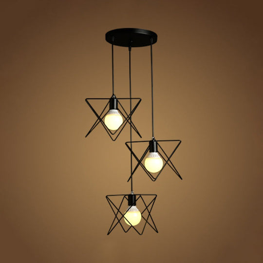 Geometric Pendant Light - Modern Industrial Style Iron Fixture With 3 Heads Black Wire Frame