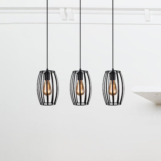 Modern Oval Pendant Light With Cage Shade - Black/White 3 Lights Indoor Hanging Ceiling Fixture