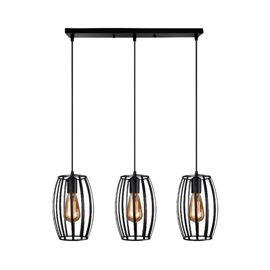 Modern Oval Pendant Light With Cage Shade - Black/White 3 Lights Indoor Hanging Ceiling Fixture