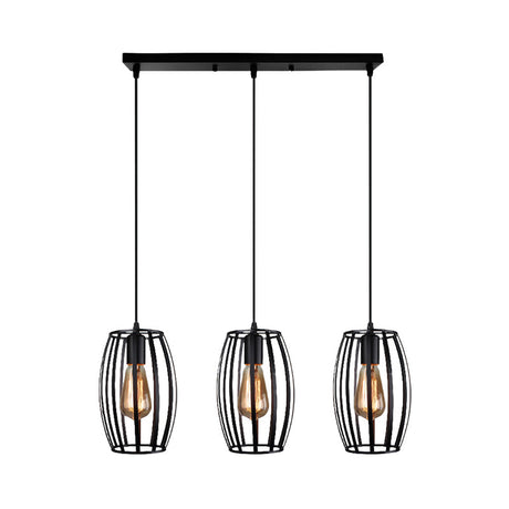 Black/White Oval Pendant Light Loft Style 3-Light Indoor Ceiling With Cage Shade