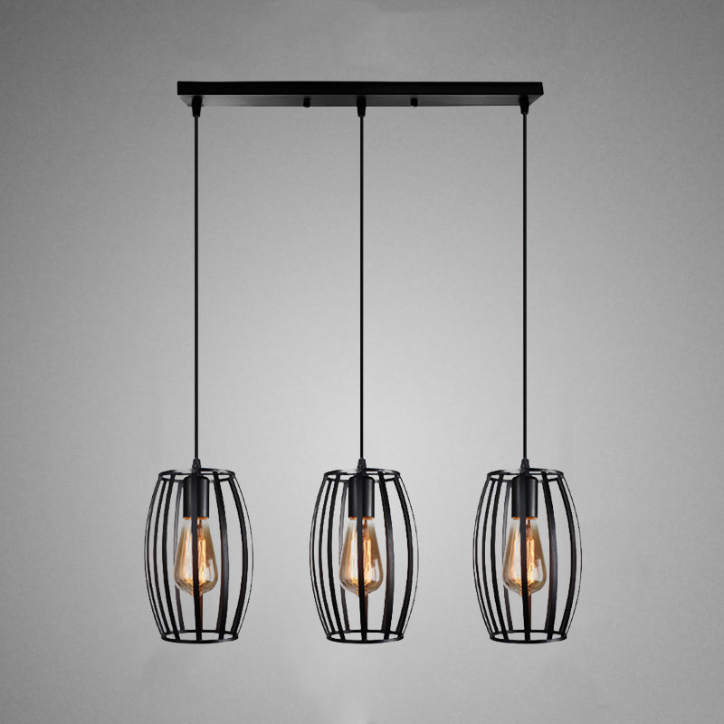 Modern Oval Pendant Light With Cage Shade - Black/White 3 Lights Indoor Hanging Ceiling Fixture