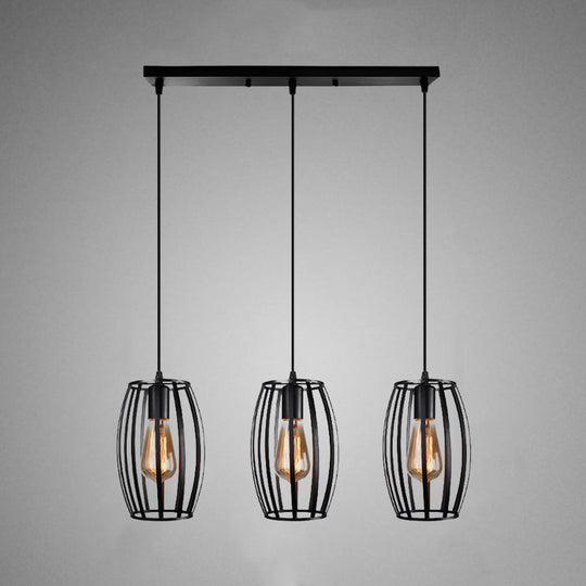 Black/White Oval Pendant Light Loft Style 3-Light Indoor Ceiling With Cage Shade