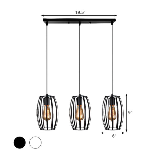 Modern Oval Pendant Light With Cage Shade - Black/White 3 Lights Indoor Hanging Ceiling Fixture