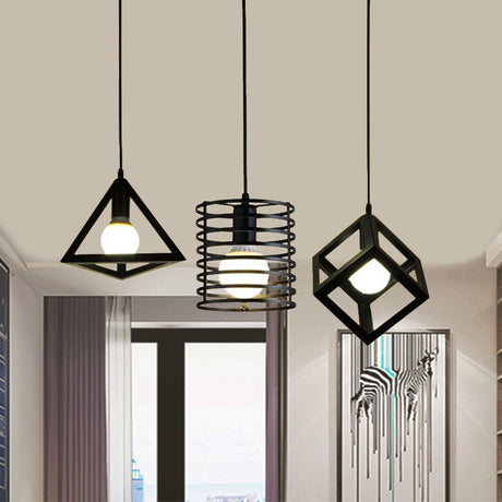 Metal Black Pendant Lamp With Wire Cage And 3 Bulbs - Industrial Stylish Hanging Lighting For