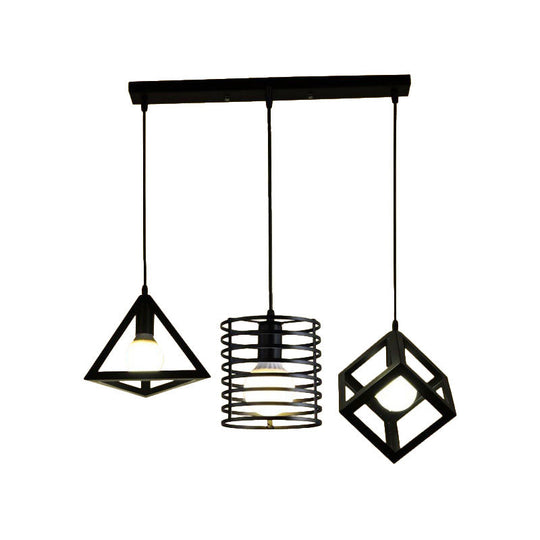 Industrial Metal Black Pendant Lamp With Wire Cage 3 Bulbs And Stylish Hanging Lighting For