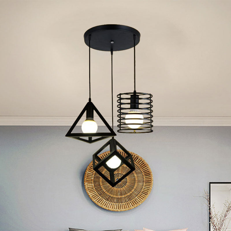 Industrial Metal Black Pendant Lamp With Wire Cage 3 Bulbs And Stylish Hanging Lighting For