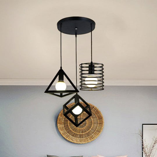 Industrial Metal Black Pendant Lamp With Wire Cage 3 Bulbs And Stylish Hanging Lighting For