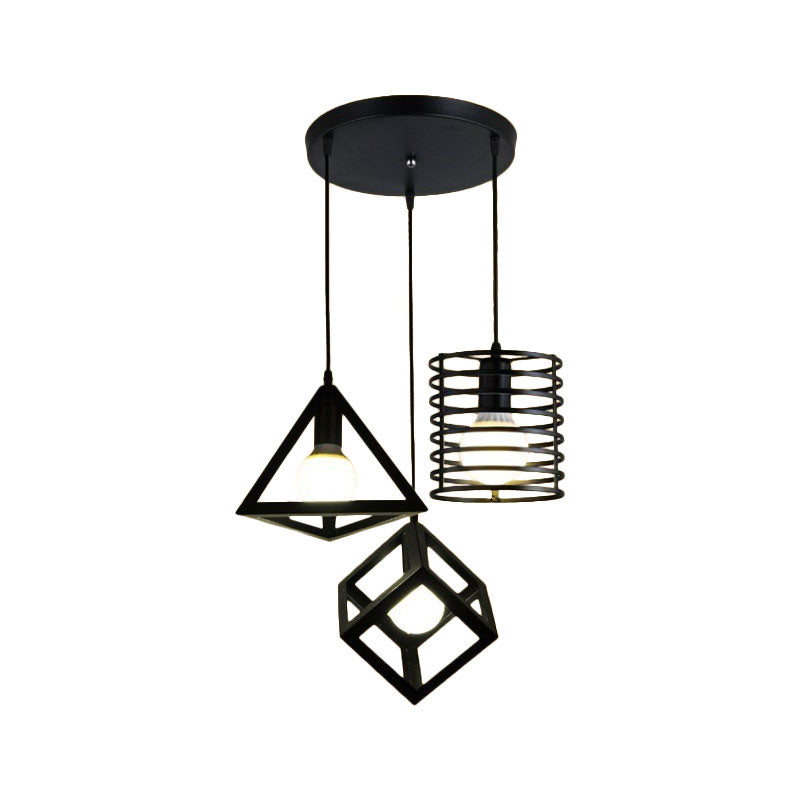 Industrial Metal Black Pendant Lamp With Wire Cage 3 Bulbs And Stylish Hanging Lighting For