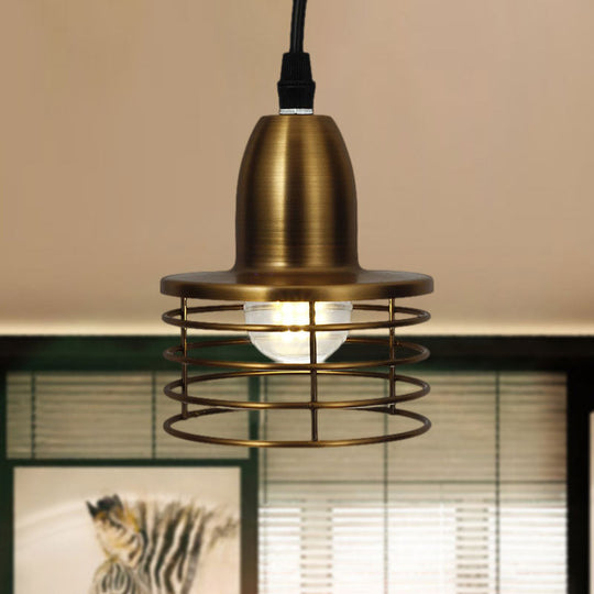 Industrial Retro Pendant Lighting: 1-Light Drum With Wire Cage Shade For Kitchen Ceiling