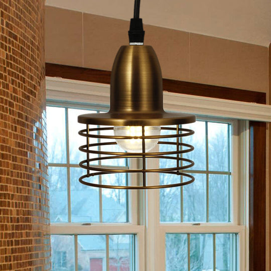 Industrial Retro Pendant Lighting: 1-Light Drum With Wire Cage Shade For Kitchen Ceiling