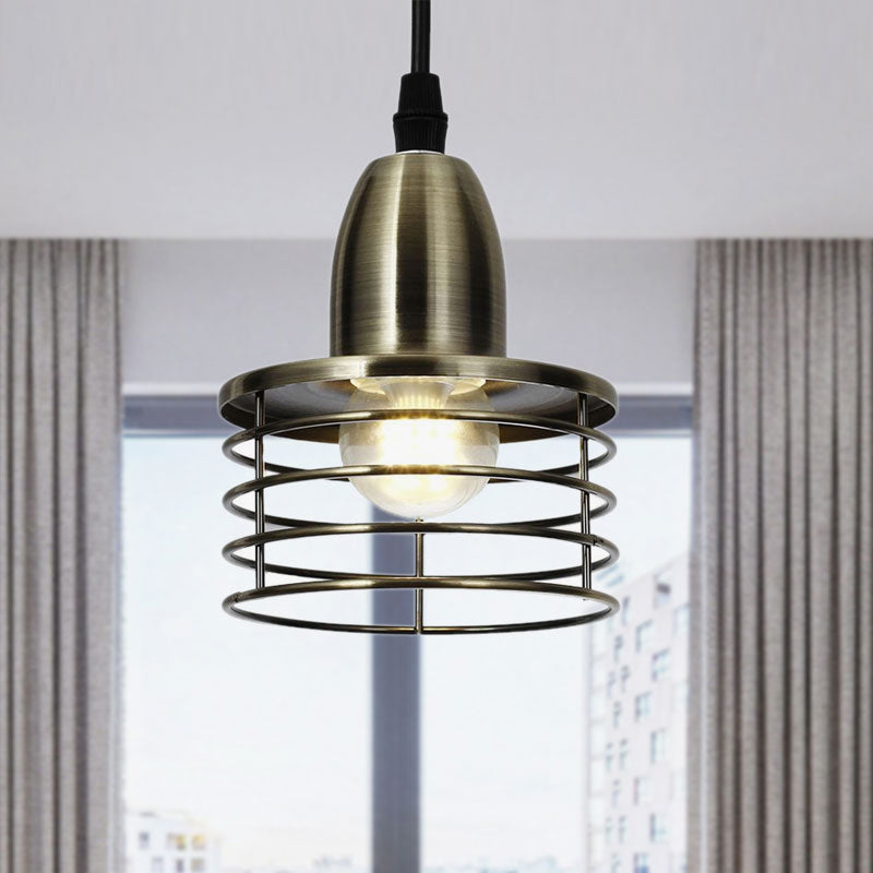 Industrial Retro Pendant Lighting: 1-Light Drum With Wire Cage Shade For Kitchen Ceiling