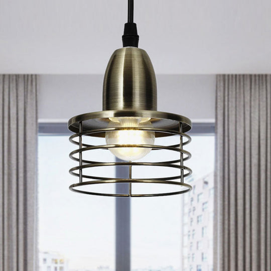 Industrial Retro Pendant Lighting: 1-Light Drum With Wire Cage Shade For Kitchen Ceiling