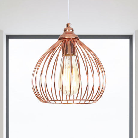 Rose Gold Gourd Pendant Light With Wire Guard - Industrial Single Hanging Ceiling Lamp