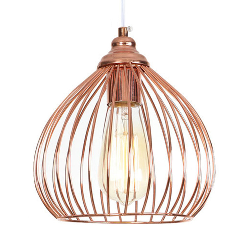 Industrial Rose Gold Gourd Pendant Light With Wire Guard - Single Hanging Ceiling