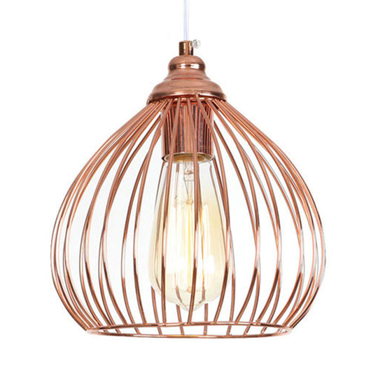 Industrial Rose Gold Gourd Pendant Light With Wire Guard - Single Hanging Ceiling