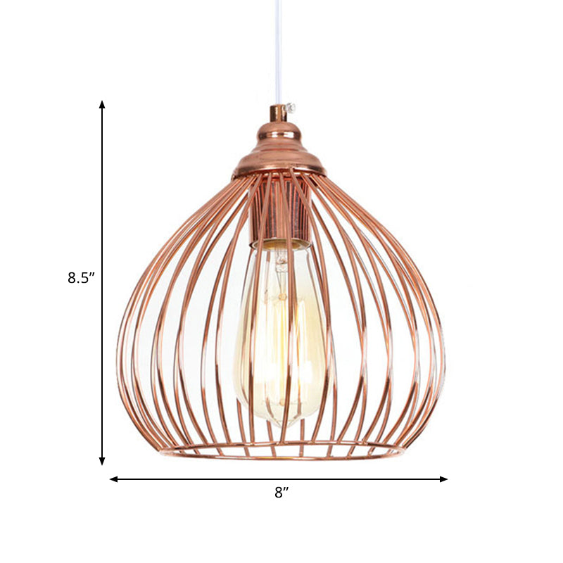 Industrial Rose Gold Gourd Pendant Light With Wire Guard - Single Hanging Ceiling