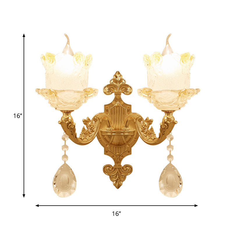 Brass Wall Mount Sconce With Scrolled Arms Glass Blossom Shade And Crystal Accents
