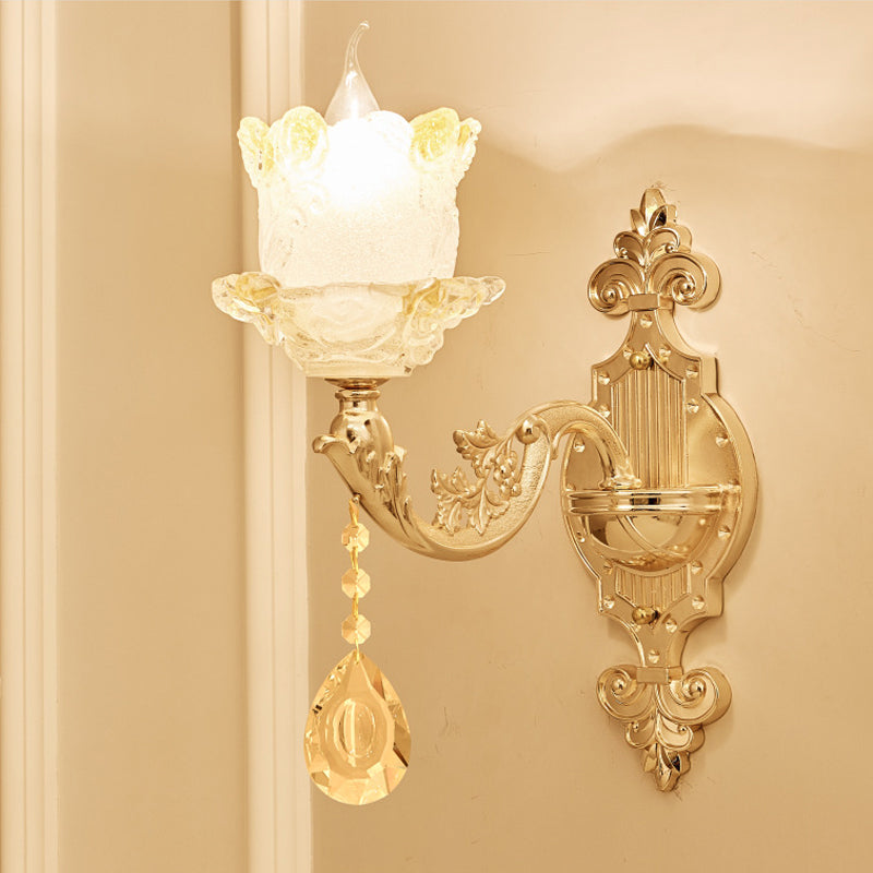 Brass Wall Mount Sconce With Scrolled Arms Glass Blossom Shade And Crystal Accents 1 /