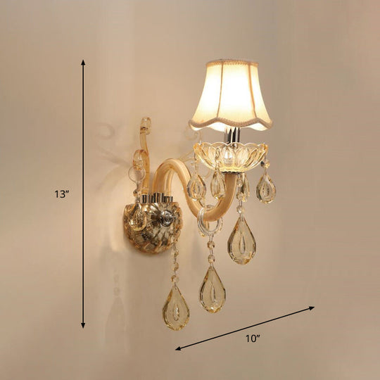 Traditional Champagne Crystal Wall Sconce With Swirled Arm Flared Fabric Shade And 1/2-Head Design