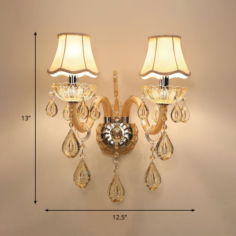 Traditional Champagne Crystal Wall Sconce With Swirled Arm Flared Fabric Shade And 1/2-Head Design