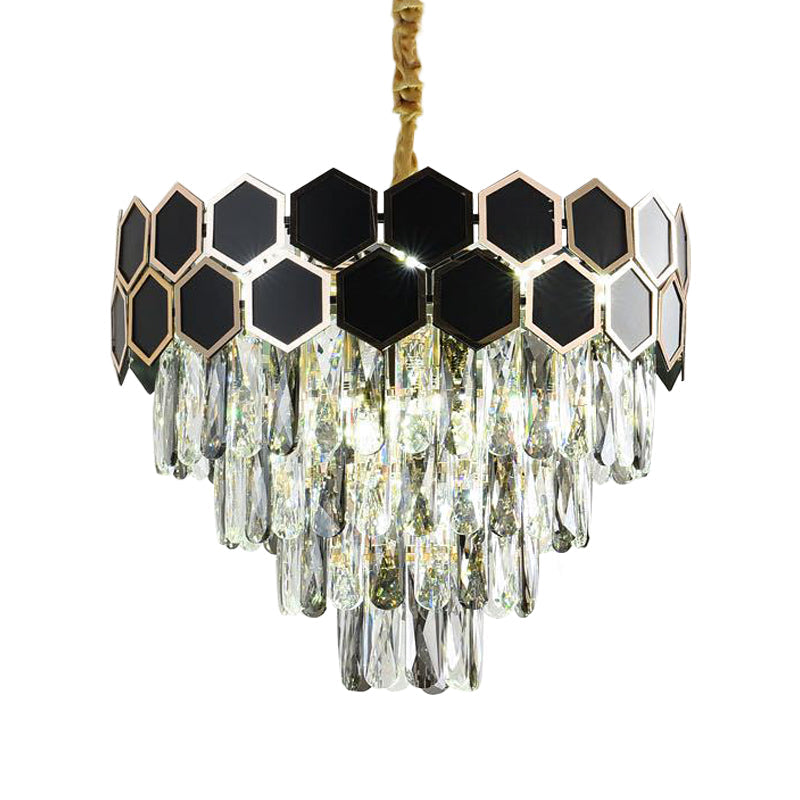 Contemporary Tapered Chandelier Lamp With 9 Bulbs Black Finish & Clear Glass Drops