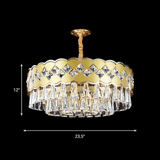 Modern 9-Head Drum Chandelier With Gold Finish Clear Crystal Drops - Great Room Pendant Lighting