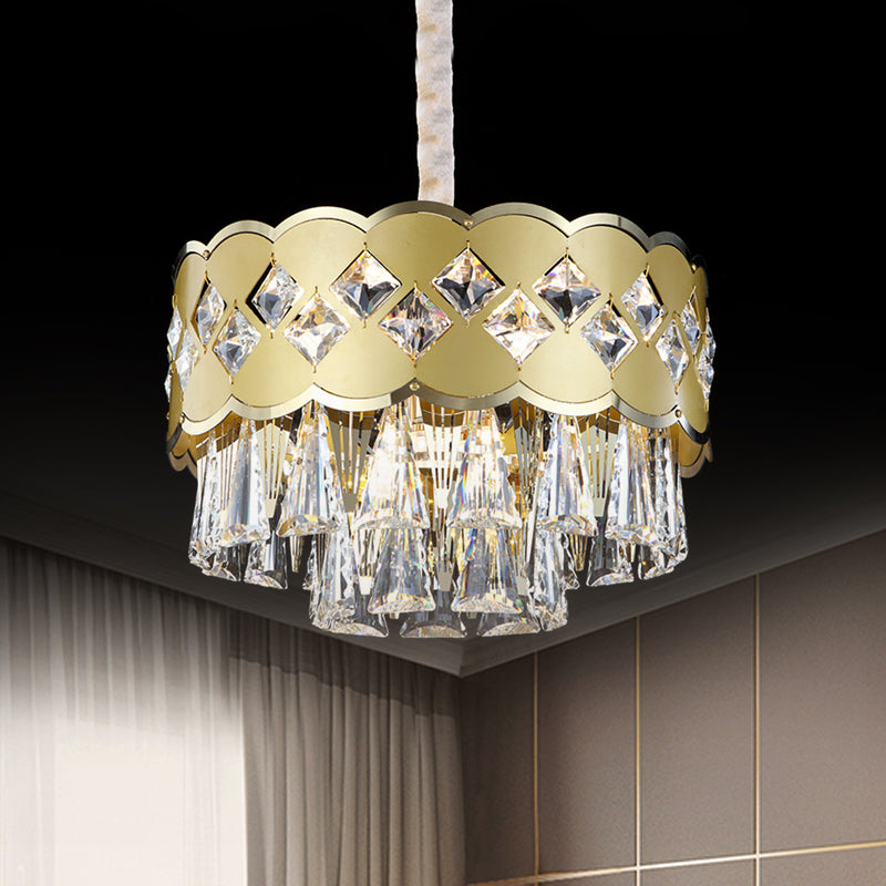 Modern 9-Head Drum Chandelier With Gold Finish Clear Crystal Drops - Great Room Pendant Lighting