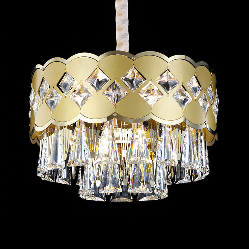 Modern 9-Head Drum Chandelier With Gold Finish Clear Crystal Drops - Great Room Pendant Lighting