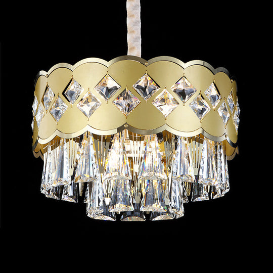 Modern 9-Head Drum Chandelier With Gold Finish Clear Crystal Drops - Great Room Pendant Lighting