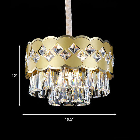Modern 9-Head Drum Chandelier With Gold Finish Clear Crystal Drops - Great Room Pendant Lighting