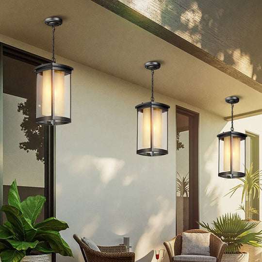 Black Outdoor Pendant Light With Double Glass Shade For Courtyard - 1 Various Widths