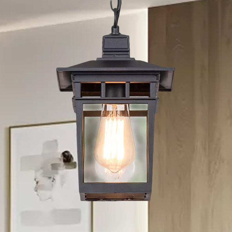 Industrial Lantern Hanging Pendant Lamp - Metal & Clear Glass 1 Light Outdoor Porch Lighting In