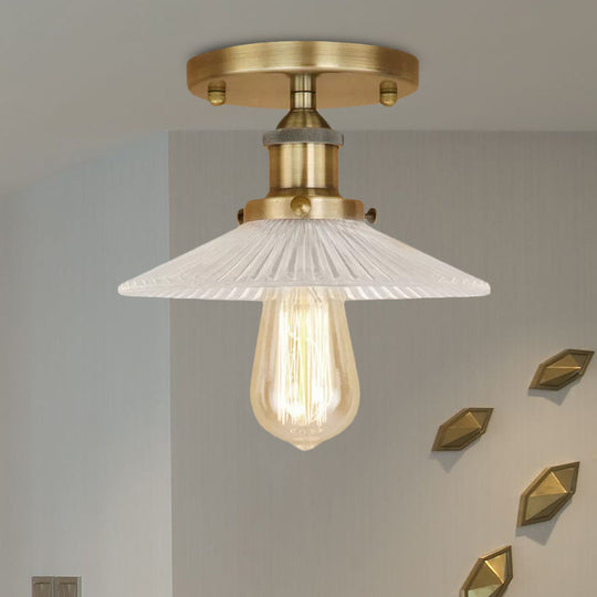 Semi Mount Ribbed Glass Cone Ceiling Light In Black/Brass/Copper - Industrial Style For Living Room