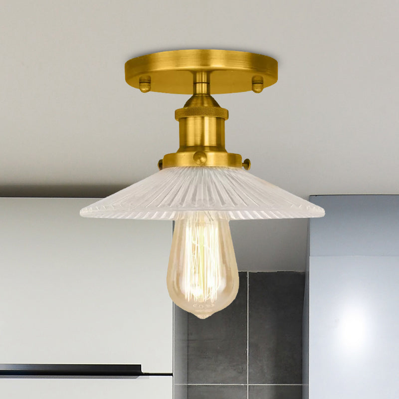 Semi Mount Ribbed Glass Cone Ceiling Light In Black/Brass/Copper - Industrial Style For Living Room