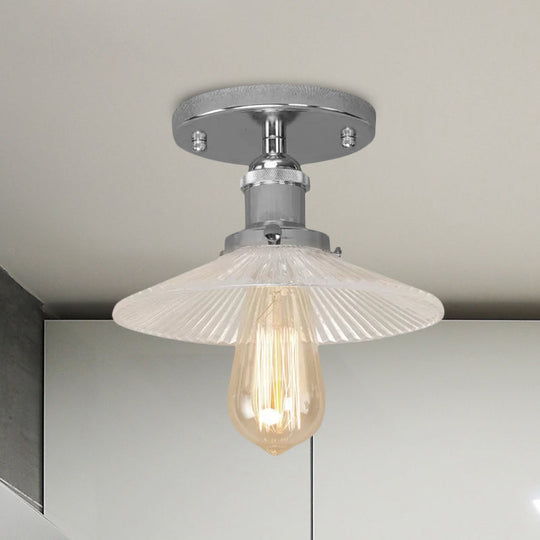 Semi Mount Ribbed Glass Cone Ceiling Light In Black/Brass/Copper - Industrial Style For Living Room