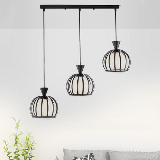Retro Metal Dome Cage Pendant Light With Milk Glass Shade - 3 Bulb Indoor Hanging Fixture In