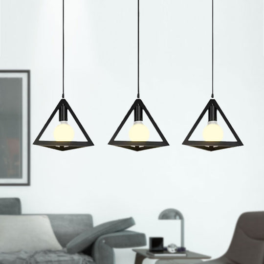 Retro Industrial Hanging Lamp With 3 Triangle Metallic Heads And Wire Guard In Black/White