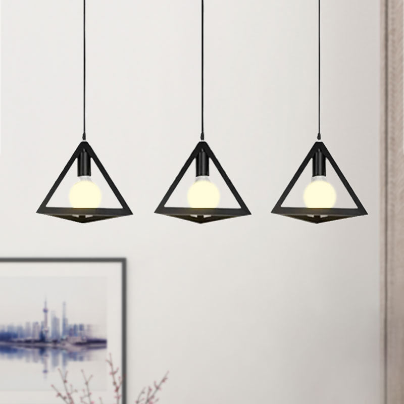 Retro Industrial Hanging Lamp With Wire Guard And Canopy In Black/White - 3 Heads Pendant Lighting