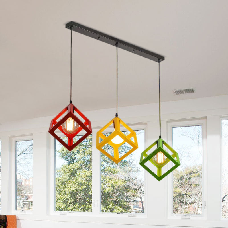 Metal Industrial Pendant Light With Wire Cage Shade - 3 Bulbs Black/White Living Room Ceiling Lamp
