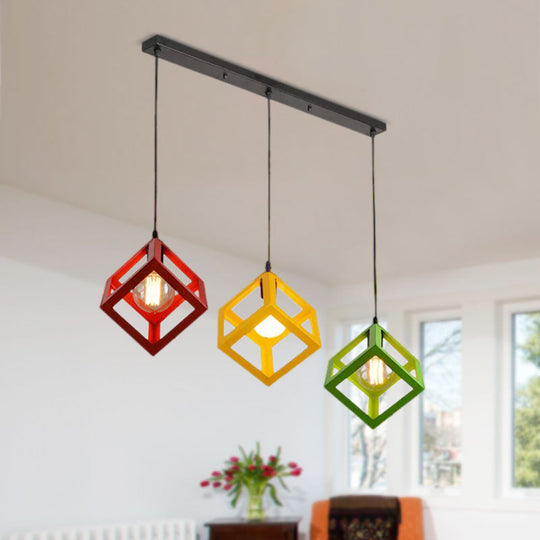Metal Industrial Pendant Light With Wire Cage Shade - 3 Bulbs Black/White Living Room Ceiling Lamp