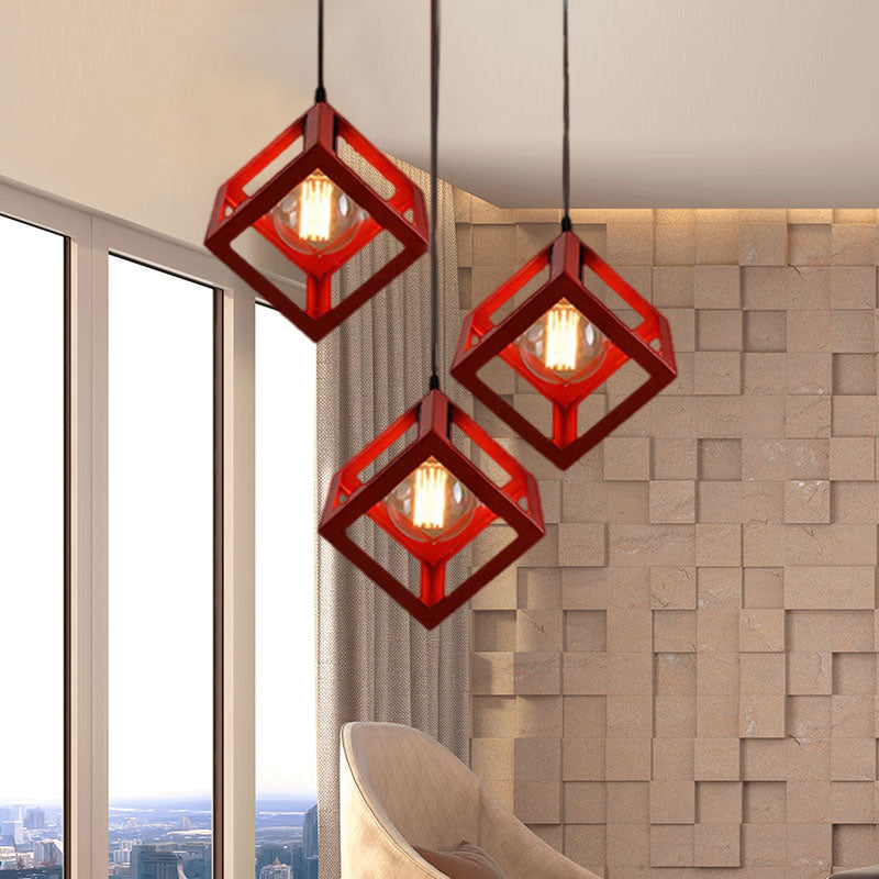 Metal Industrial Pendant Light With Wire Cage Shade - 3 Bulbs Black/White Living Room Ceiling Lamp