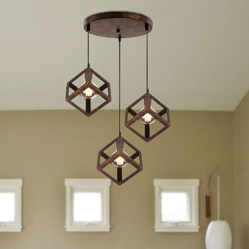 Metal Industrial Pendant Light With Wire Cage Shade - 3 Bulbs Black/White Living Room Ceiling Lamp