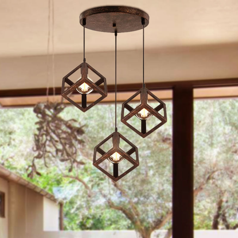 Metal Industrial Pendant Light With Wire Cage Shade - 3 Bulbs Black/White Living Room Ceiling Lamp