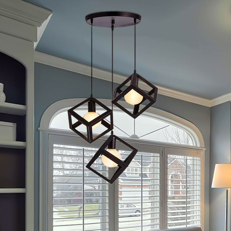 Industrial Metal Pendant Light With Wire Cage Shade - 3 Bulbs Black/White For Living Room Ceiling