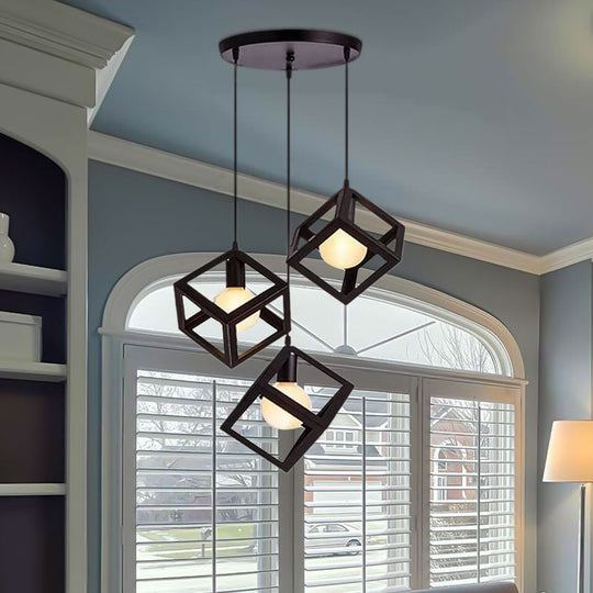Industrial Metal Pendant Light With Wire Cage Shade - 3 Bulbs Black/White For Living Room Ceiling