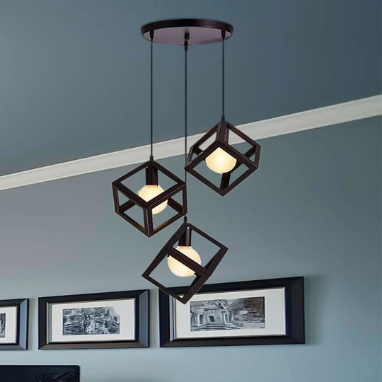 Metal Industrial Pendant Light With Wire Cage Shade - 3 Bulbs Black/White Living Room Ceiling Lamp