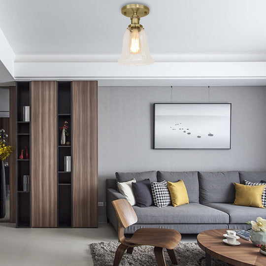 Industrial Flared Glass Semi Flush Mount Light With Clear Bulb In Black/Bronze/Copper Antique Brass